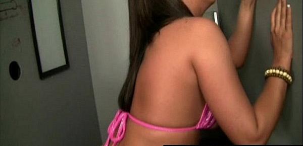  Round butt brunette Kelly in a pink bikini gives amazing gloryhole blowjob